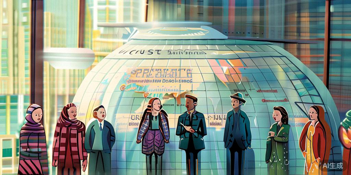 不同国家消费者围坐在一起讨论产品，背景有地球仪和多语言标签，象征跨文化沟通