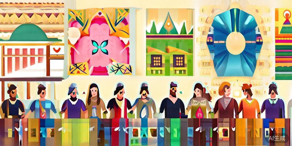 不同国家消费者围坐在一起讨论产品，背景有各国文化符号元素