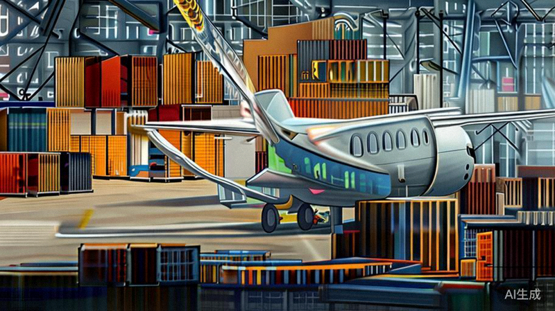 国际货运飞机正在装载集装箱，背景是繁忙的航空货运站