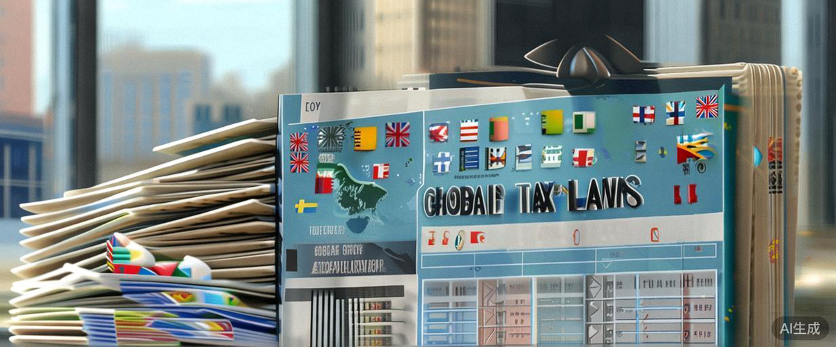 税务文件、全球法规书籍与合规检查清单，象征跨境电商税务与法律合规重要性