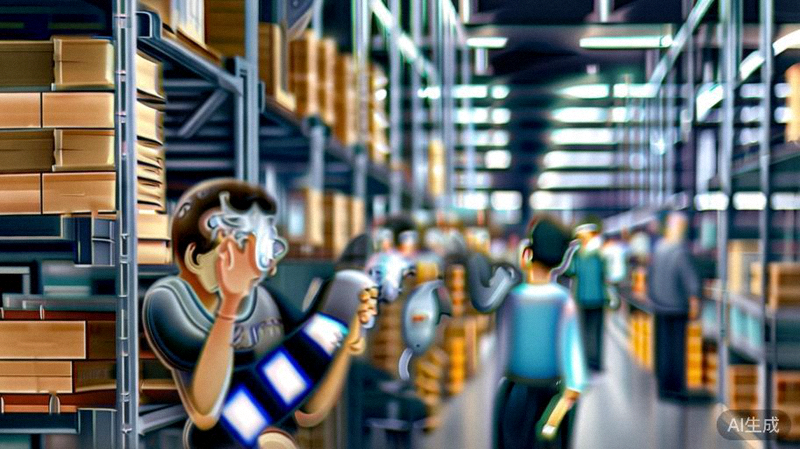 现代化电商仓库内部，工作人员使用手持设备扫描商品进行分拣和库存管理