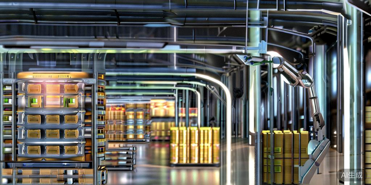 现代化智能仓储中心内，自动导引车和机械臂正在协同进行货物分拣与搬运作业