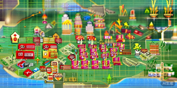 新兴市场地图上标注着增长箭头和商业机会图标