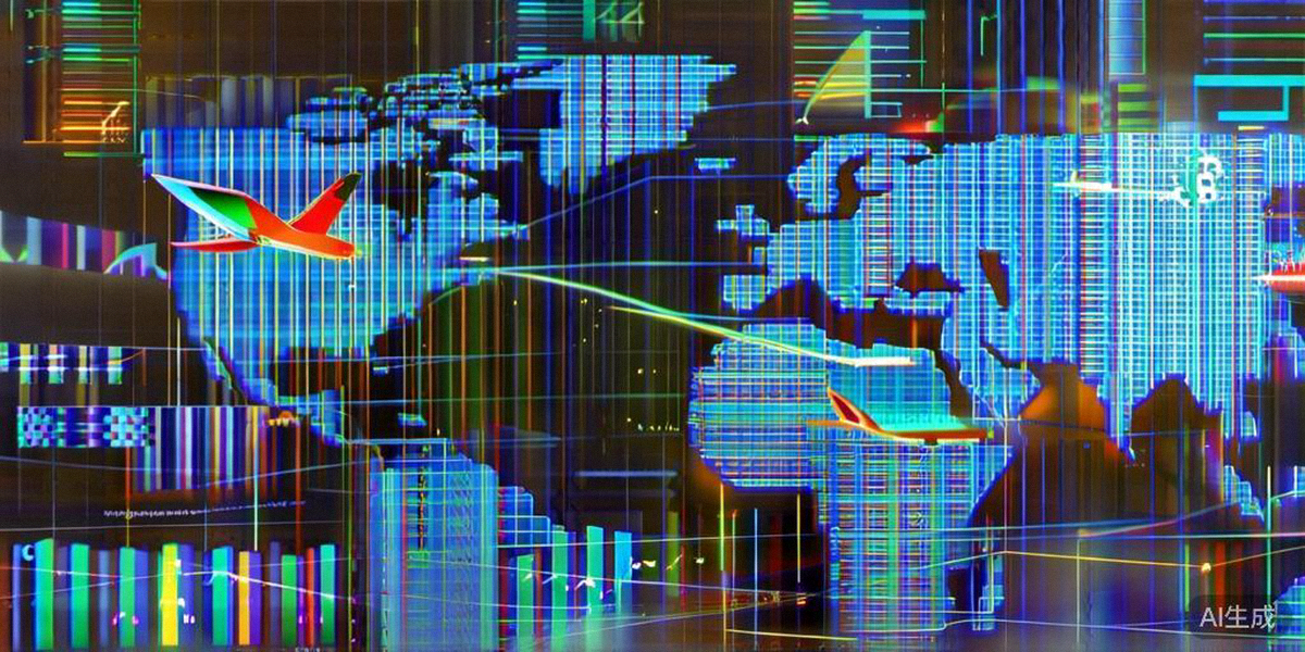 跨境电商运营全局视角：世界地图上连接着商品、物流飞机、货币符号和数据图表