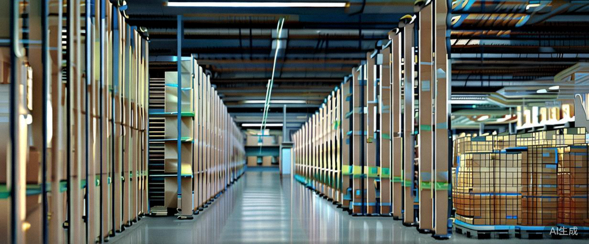 现代化智能仓储内部，机器人正在分拣货物，货架整齐排列