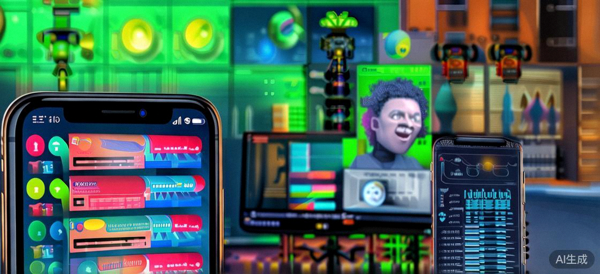 展示多渠道营销策略：手机屏幕显示社交媒体通知、电脑屏幕显示广告数据仪表盘、背景有网红直播场景