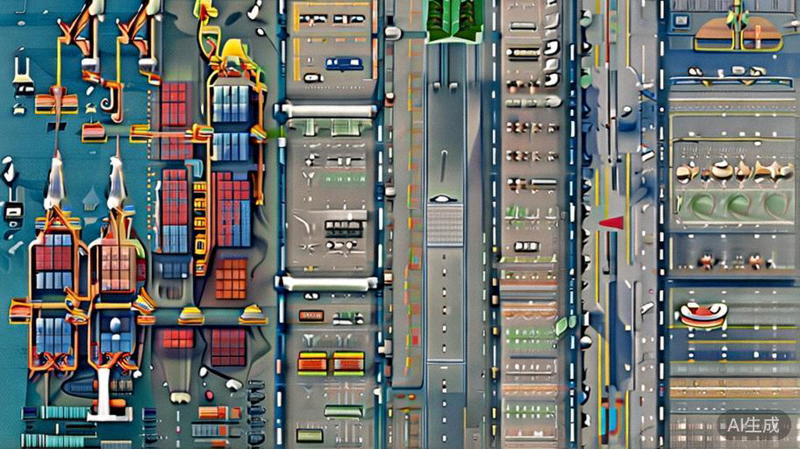 现代化国际物流枢纽航拍图，集装箱货轮、货运飞机和卡车在港口和机场协同作业