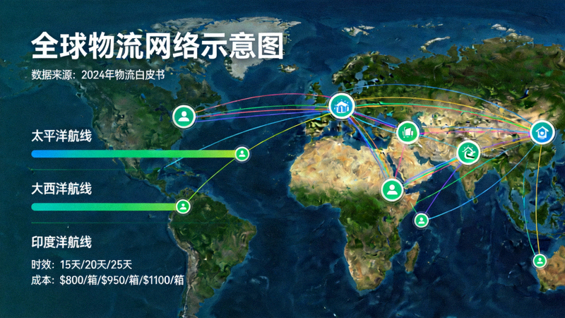 全球物流网络地图，标注主要航线、海外仓位置及不同路线的时效与成本对比