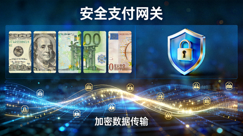 多种国际货币、安全的支付网关盾牌图标与加密数据传输示意图组合